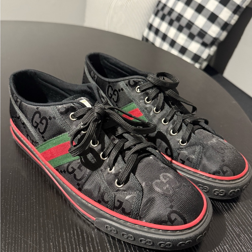Gucci Black GG Canvas Sneakers with Red Sole Trim and Web Stripe - Picture 2 of 4